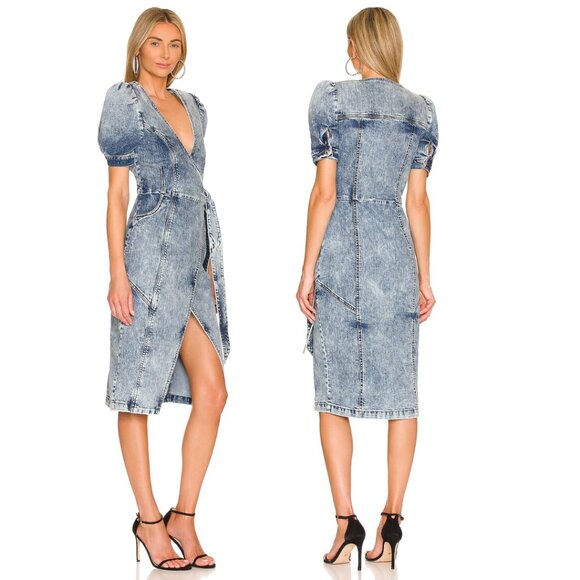 Retrofête Zelda Wrap Dress Distressed Denim In Sienna Puffed Sleeve Front Slit - Picture 2 of 10